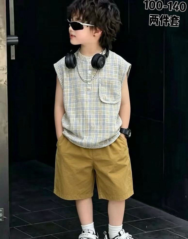 65167402 | Kids Plaid Sleeveless Shirt & Khaki Shorts Two-Piece Summer Outfit