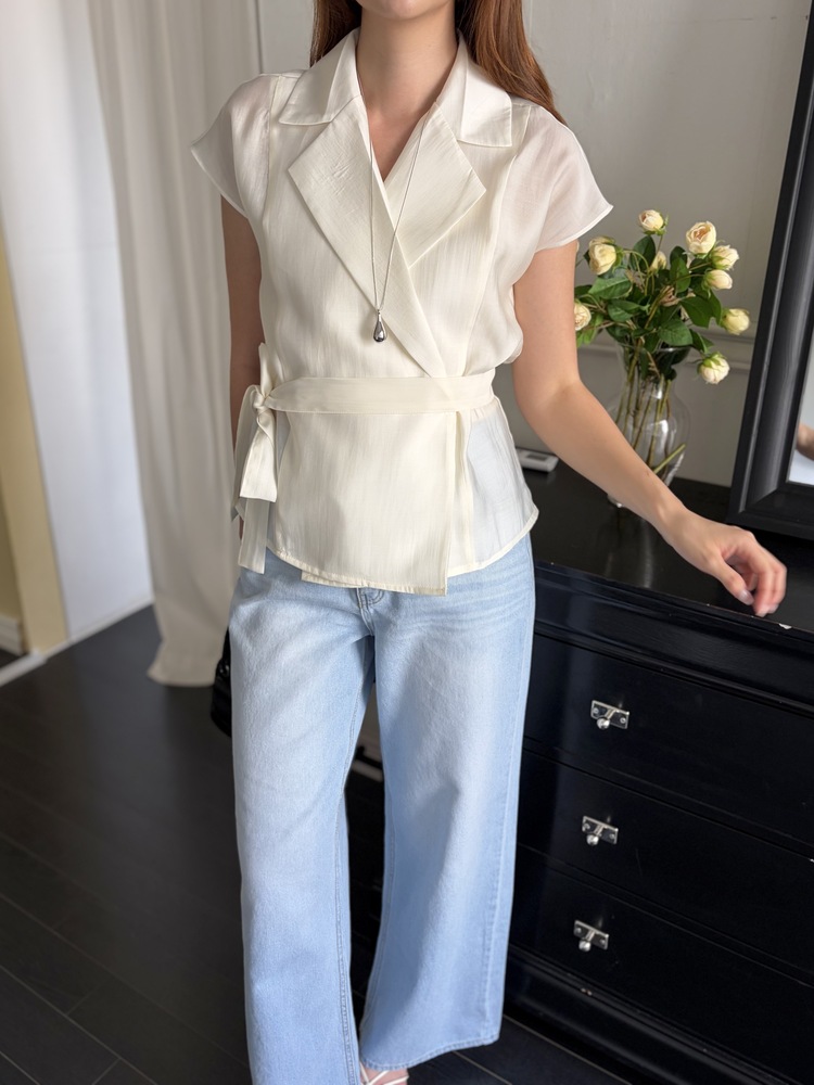 Silky Belted Wrap Blouse (Ivory)