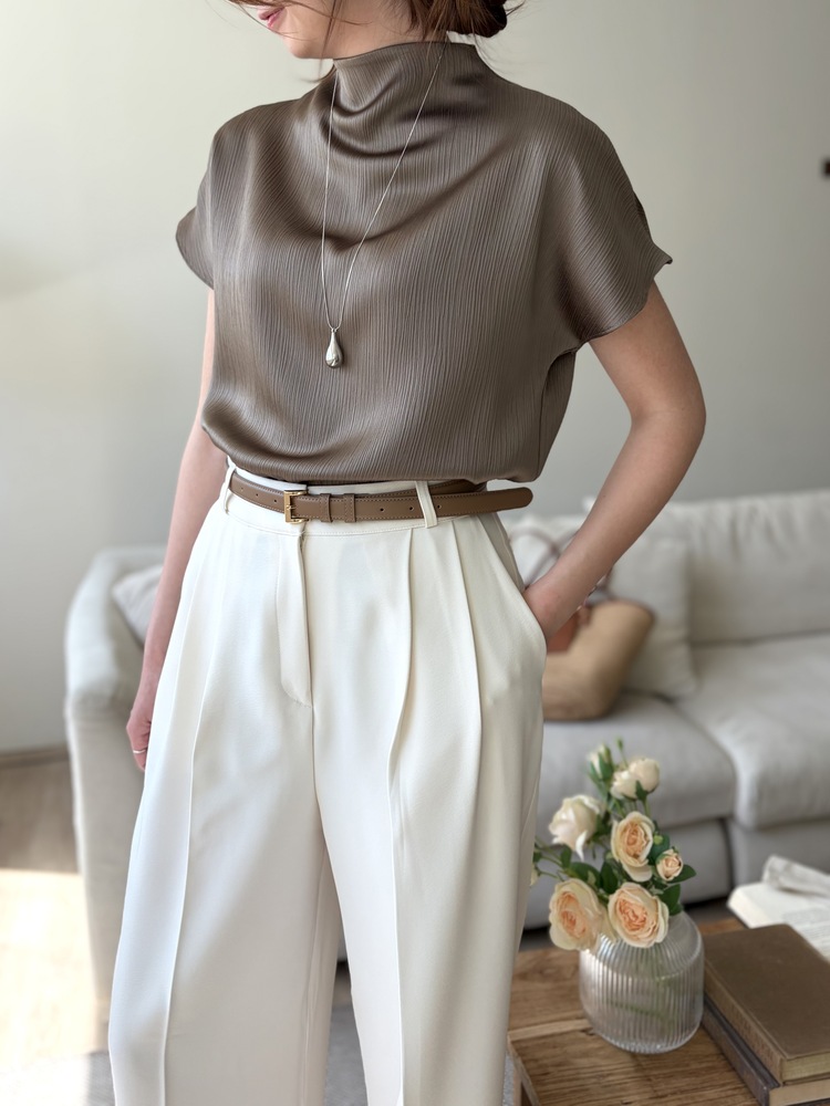 Claudette Silky Pleated Top (Brown)
