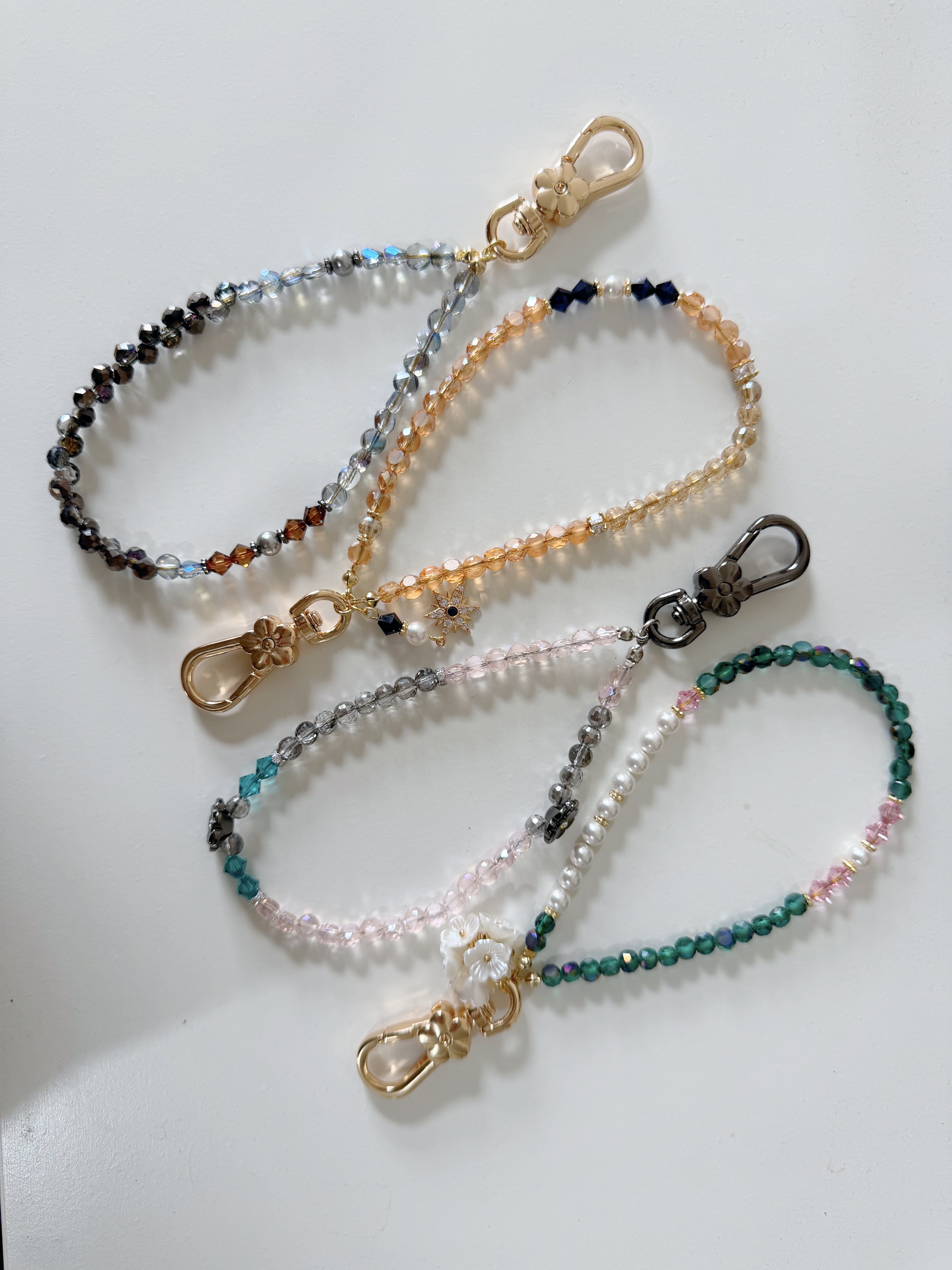 復古彩珠電話繩/ 小花藍 x 粉彩綠色