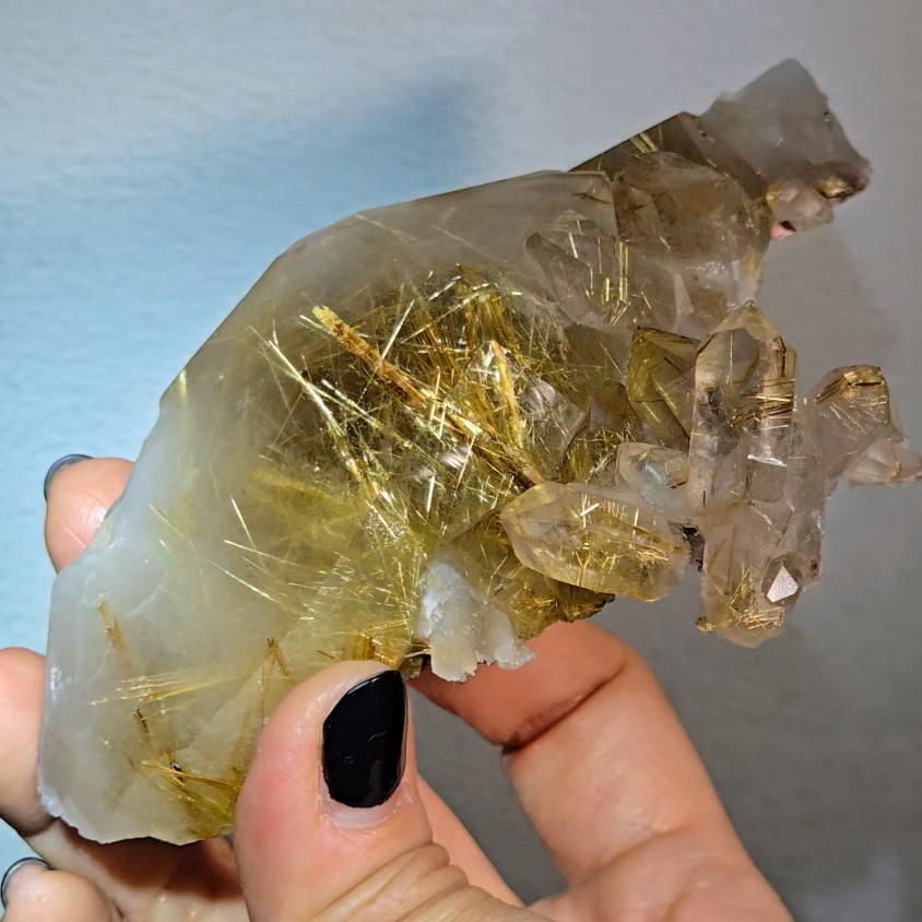Golden titanium rutiles on black hematite in quartz cluster - RT1443