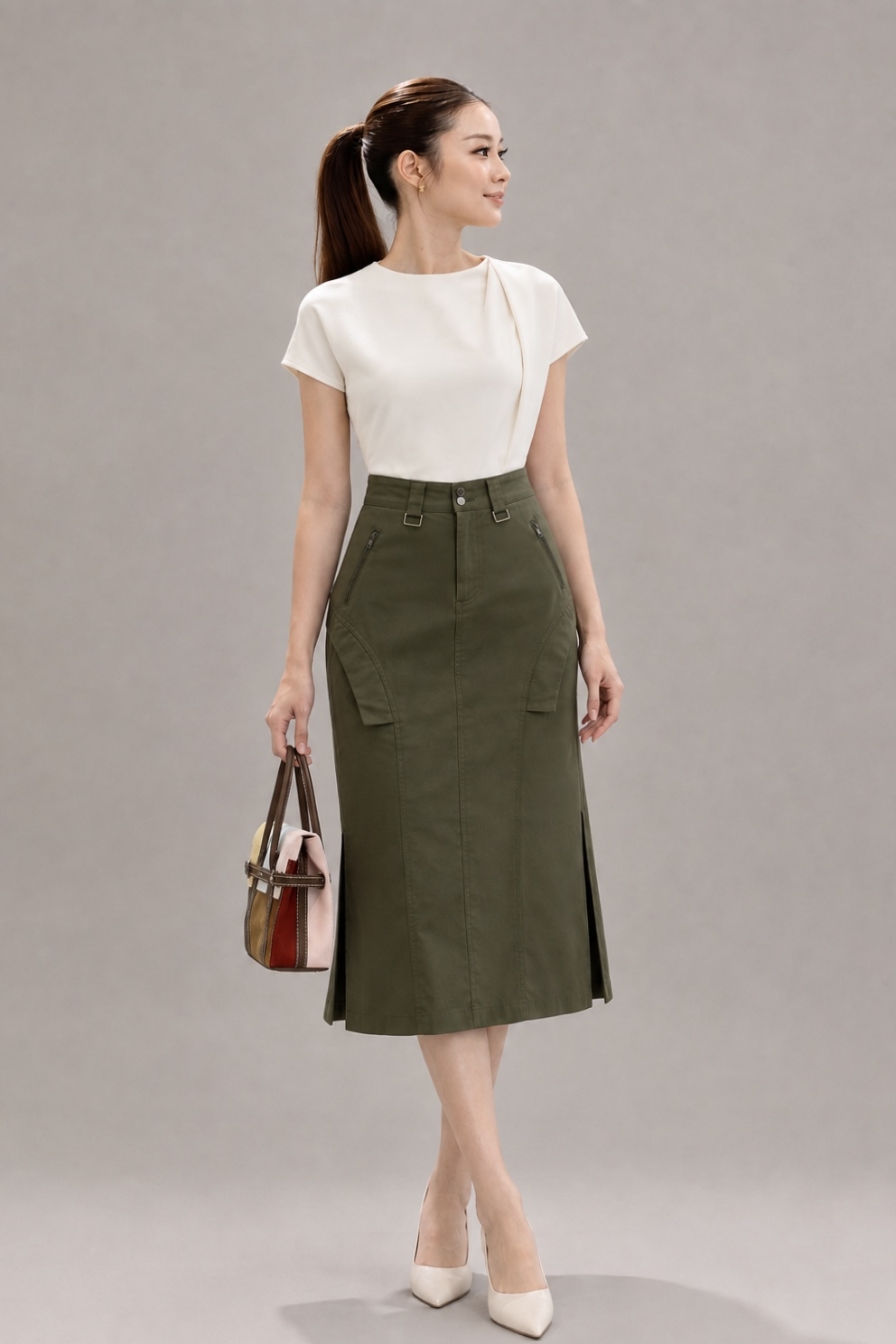 308681 Asymmetric Pleated Shoulder Blouse