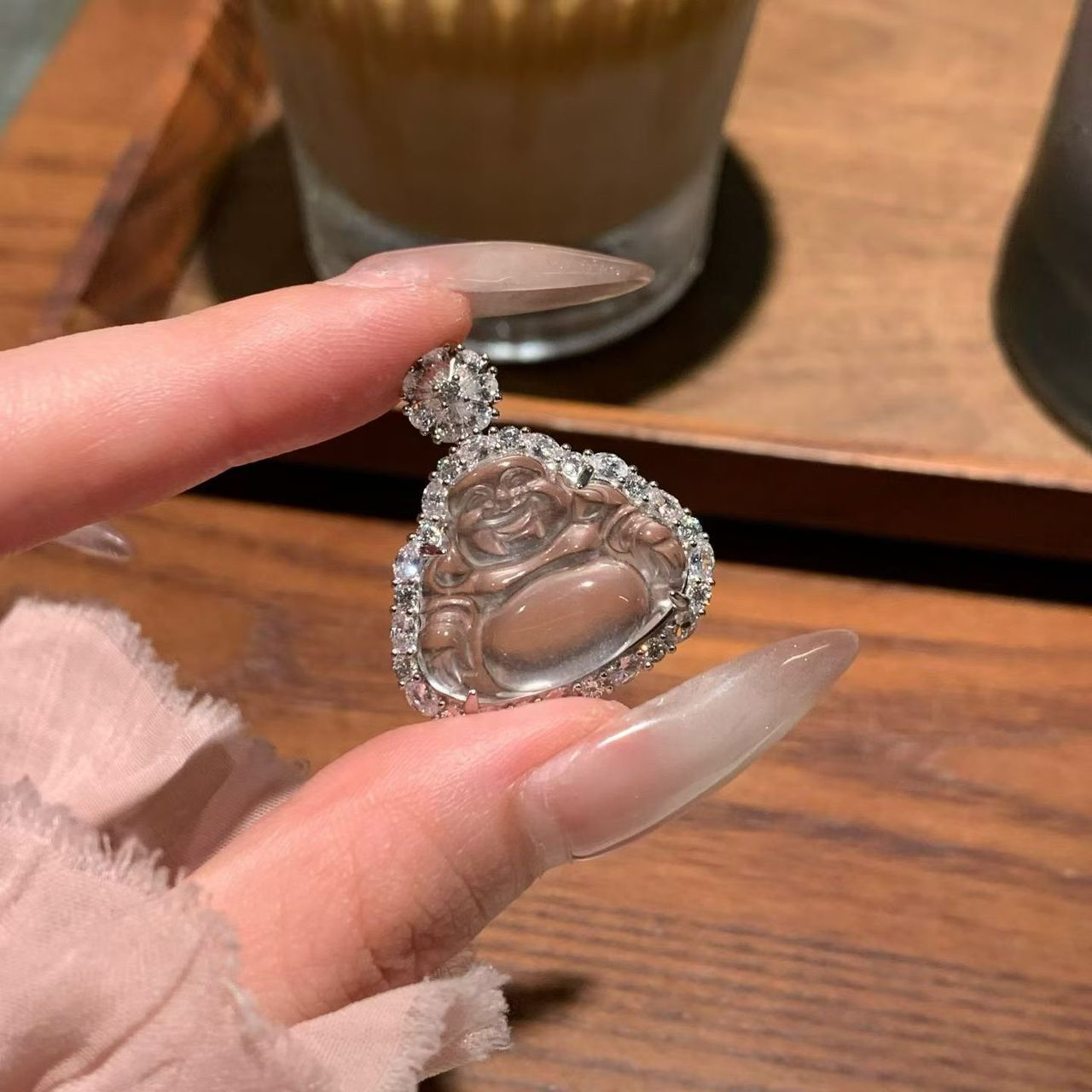 纯银镶冰透水沫玉佛公吊坠 
