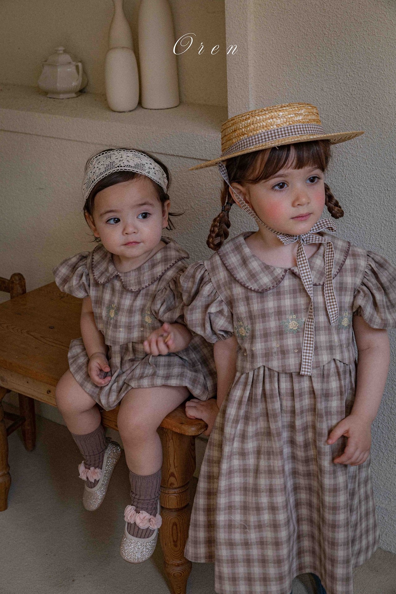 ☀️預訂 韓國直送☀️🇰🇷Oren Toua刺繡格紋泡泡袖包屁衣/連身裙