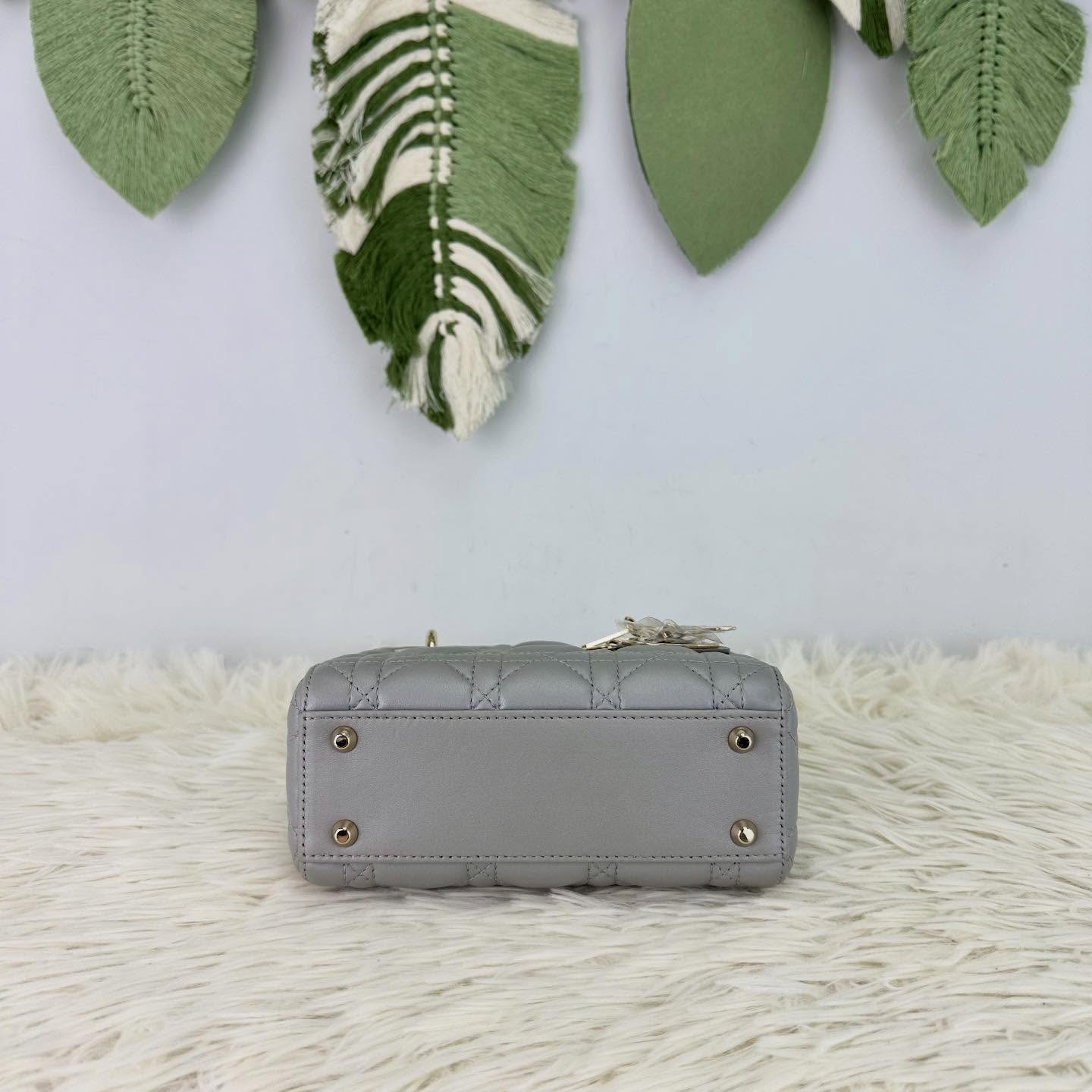 DIOR🤍PRE OWNED Mini Lady 珠光灰金扣羊皮 手提斜肩包🩶