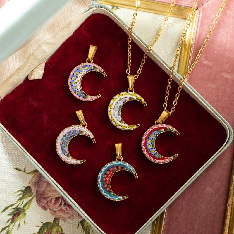 Modern Italian Mosaic Romantic Floral Moon Shape Pendant Necklace(ITMA50)
