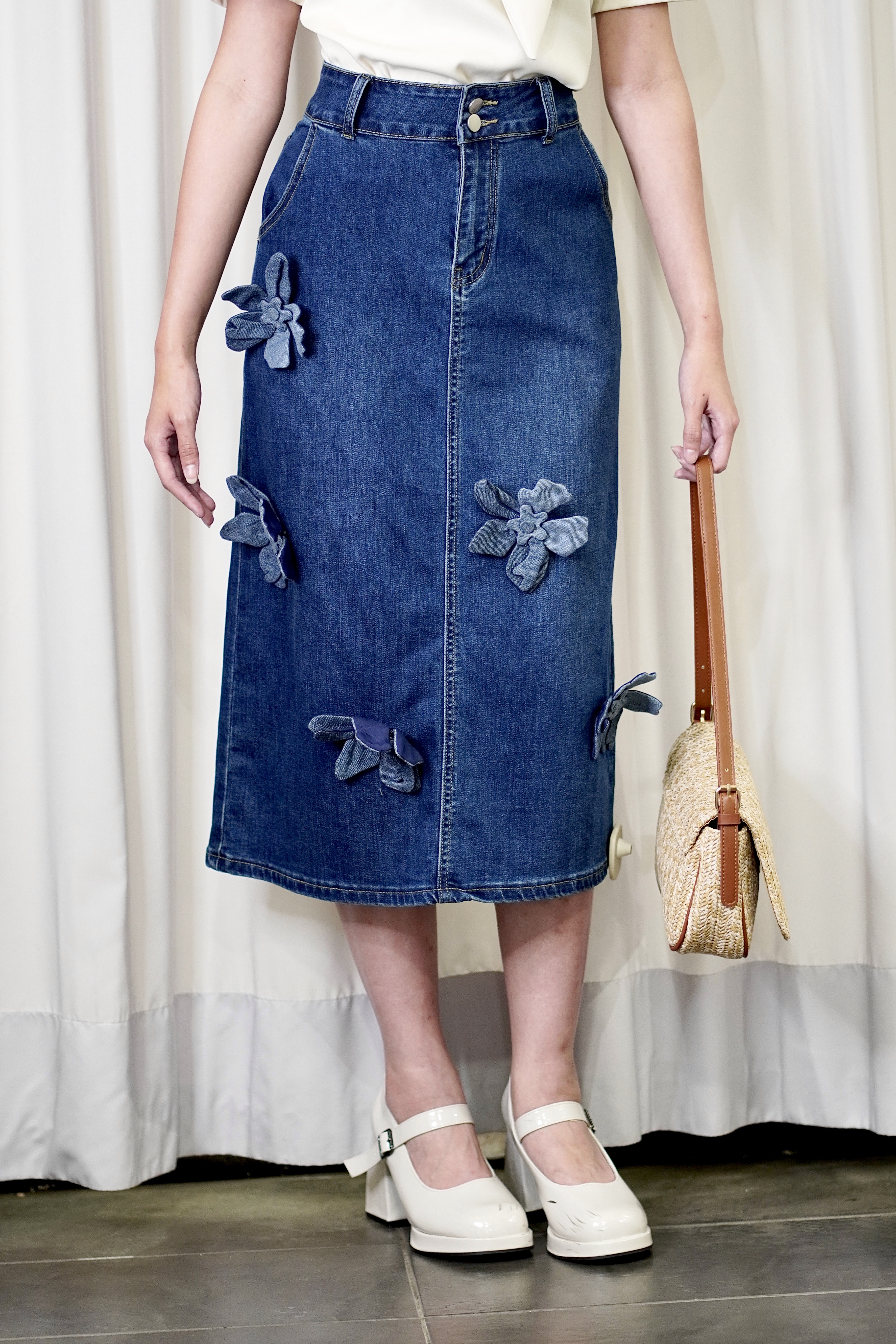152 Bloom Denim Midi Skirt
