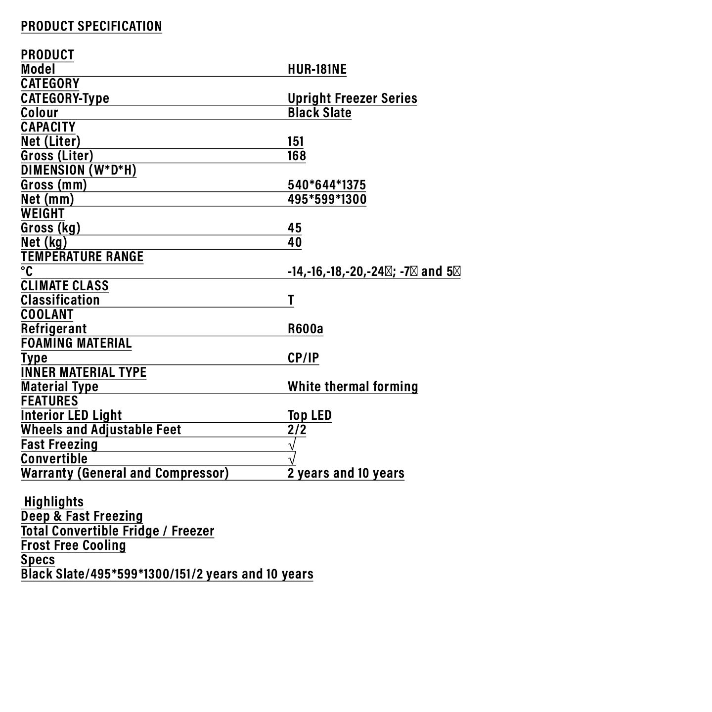 Haier 168L Upright Freezer (HUR-181NE)