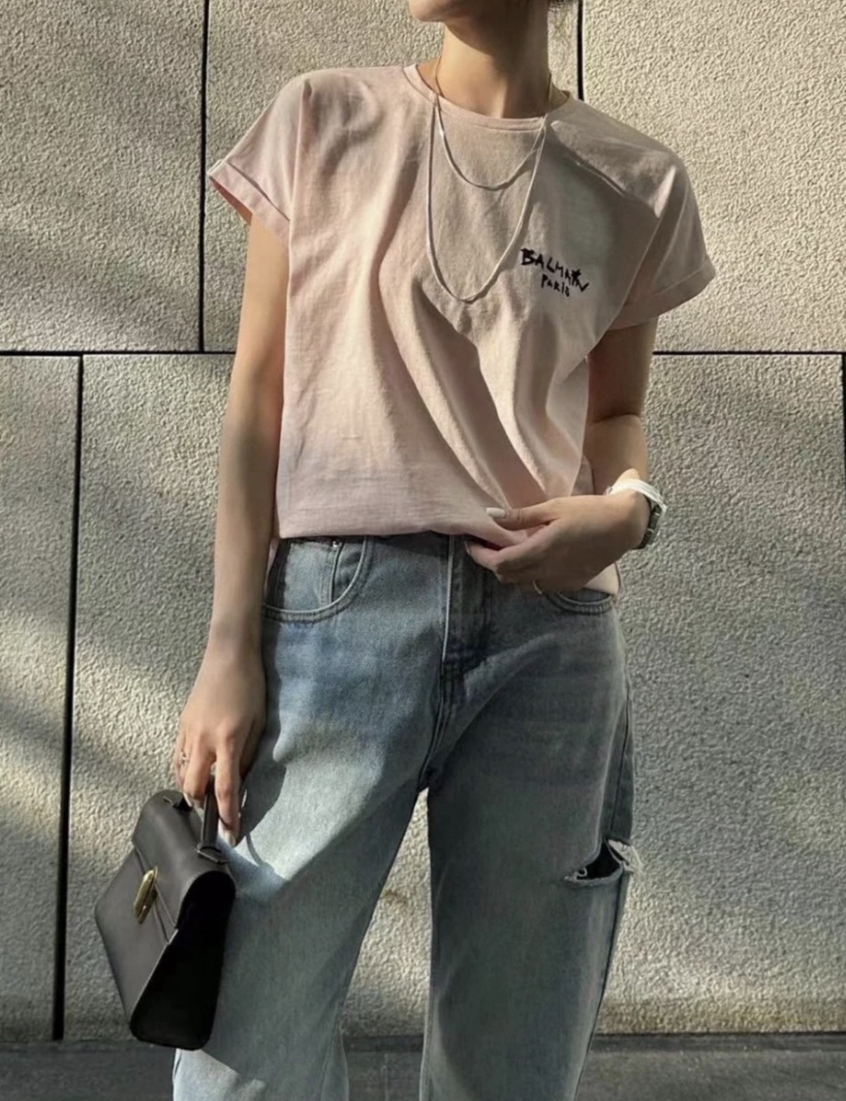 BALMAIN 細Logo粉紅色Tee