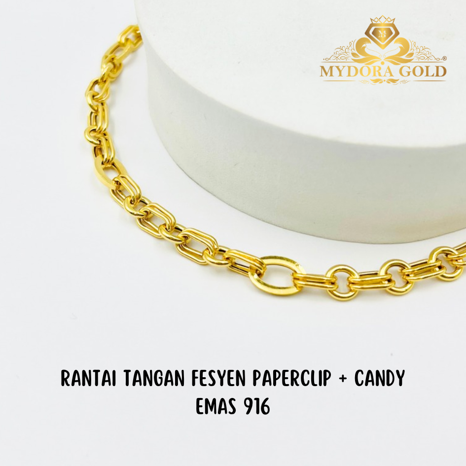 MYDORA Rantai Tangan Fesyen Paperclip + Candy l EMAS 916/22K