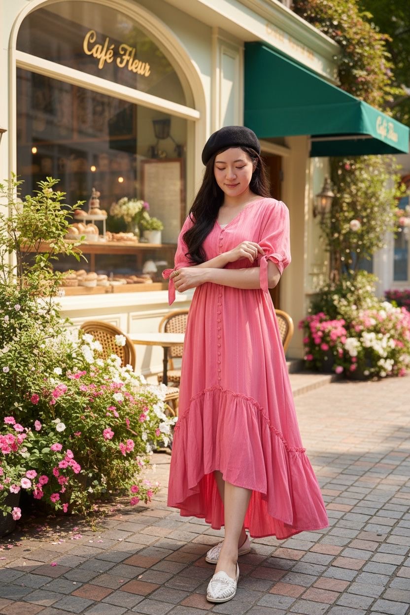 Pink V-neck Double Ribbon Short Sleeve OP (42-49") #1388