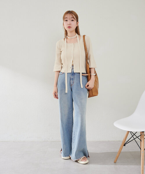 喇叭中袖lace邊頸帶小外套