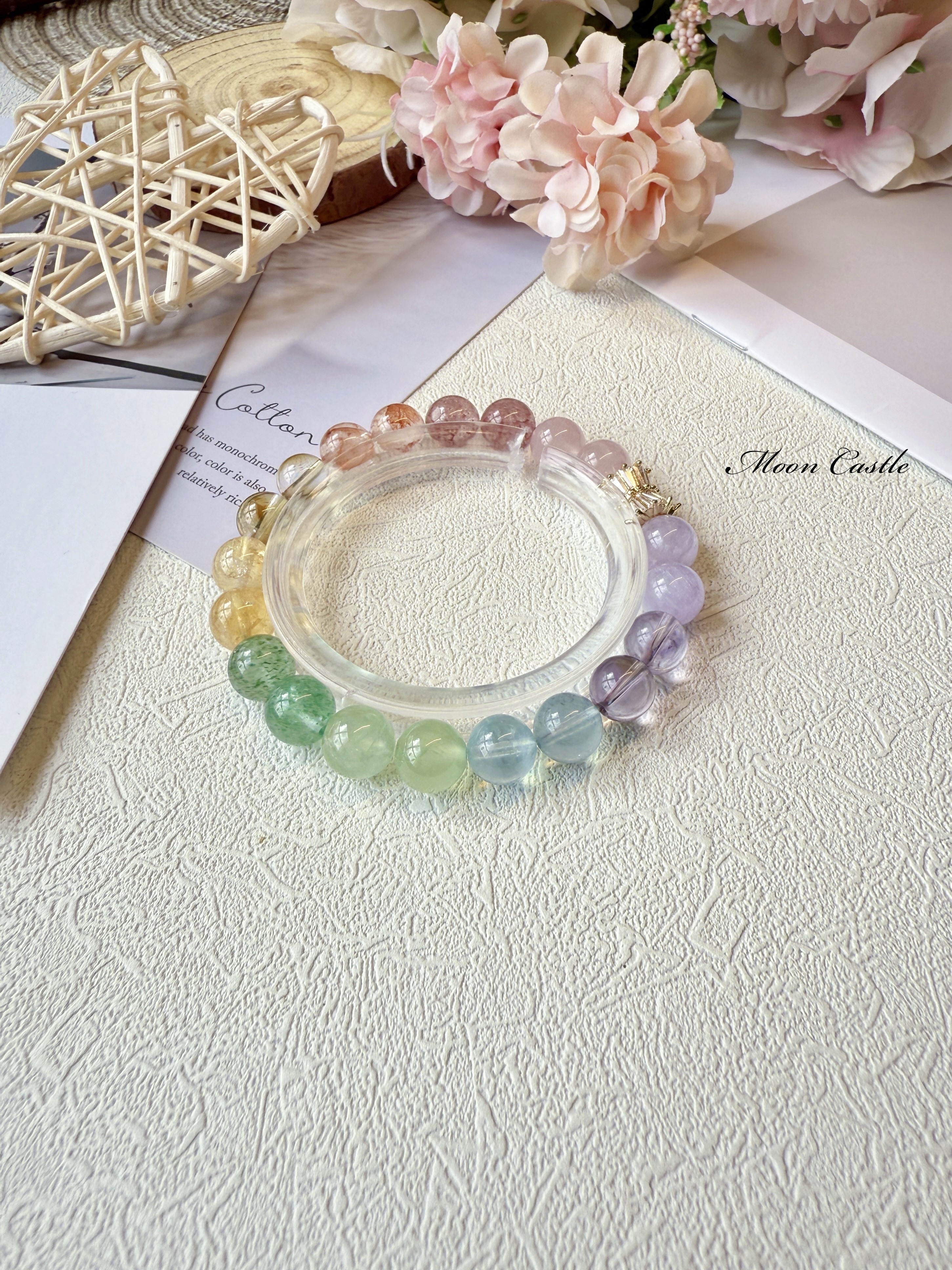 粉晶x草莓晶x紅膠花x黃水晶x綠草莓晶x葡萄石x海藍寶x巴西紫水晶x薰衣草紫晶手鏈