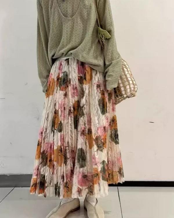 lace印花壓褶裙