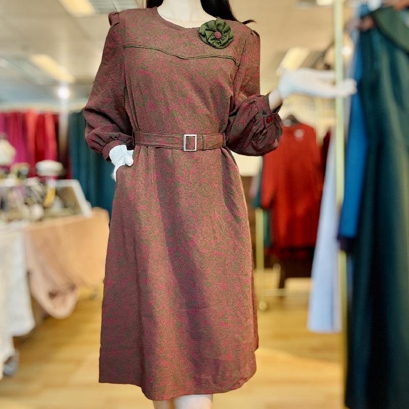 Vintage Red & Green Pattern Festive Dress with Floral Brooch (MT2260-4)