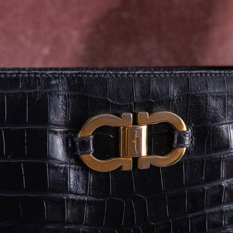 Vintage Salvatore Ferragamo Dark Blue Embossed Leather With iconic Gancini Hardware Large Two Way Shoulder / Crossbody Bag (MT1815)