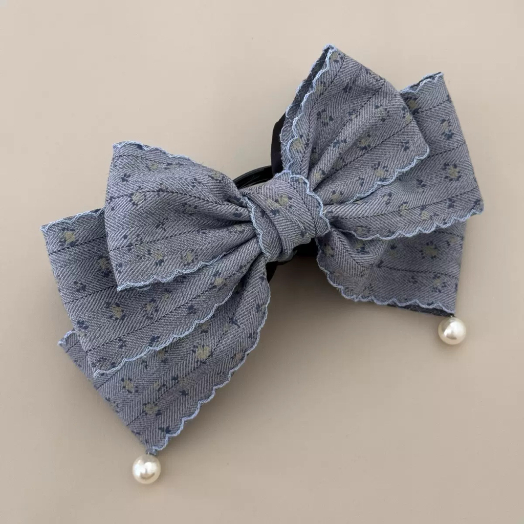 牛仔小碎花珍珠蝴蝶结抓夹｜Denim Floral Pearl Bow Hair Claw