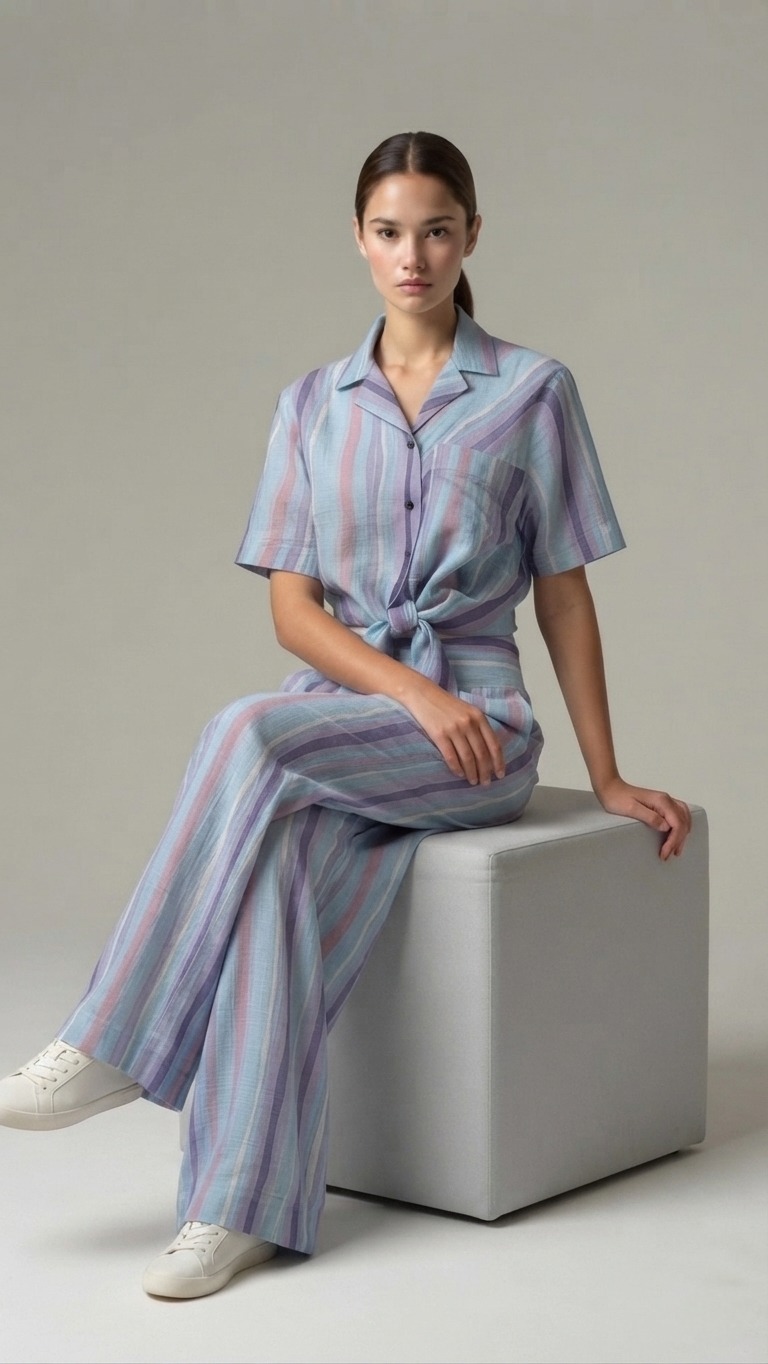 E8273BB Striped Tie-Front Short Sleeve Shirt