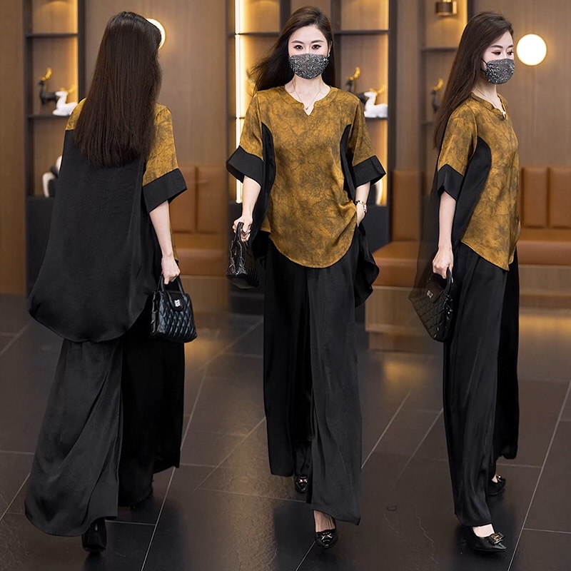 B207(2560) 新中式气质洋气国风染撞色卷边袖黄上衣与黑长裤套装