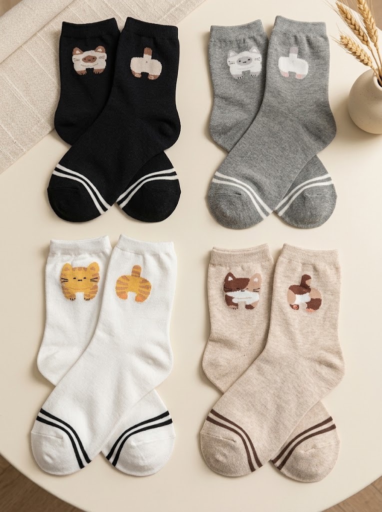 Korean Tail Kitty Mid Crew Socks
