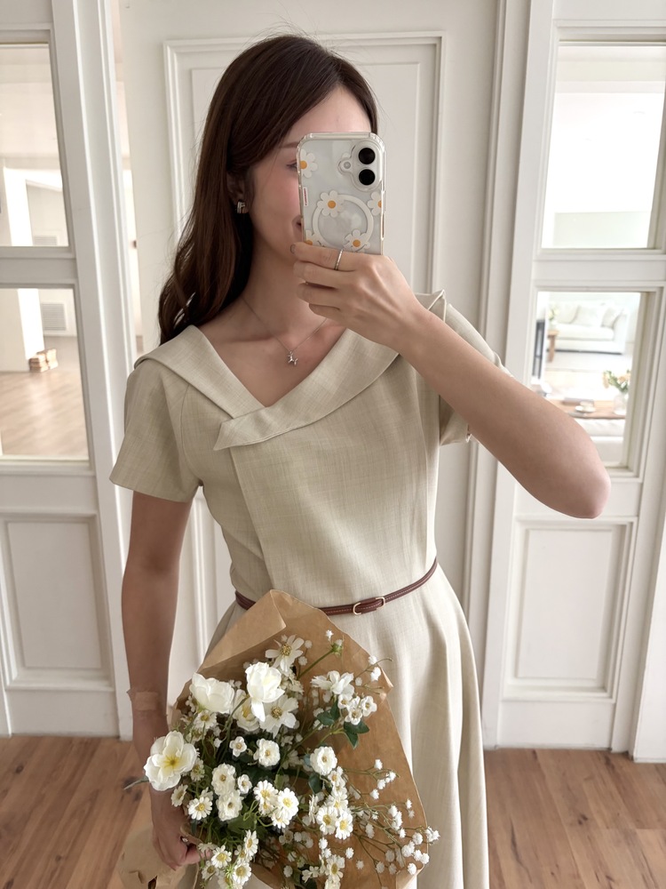 Sailor Collar Belted Dress (Beige)