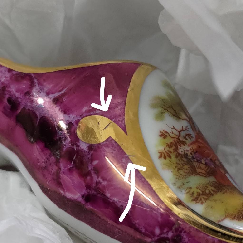 Vintage Porcelaine D'Art LIMOGES France Marble Red Courting Couple Miniature Shoe (MT1983)