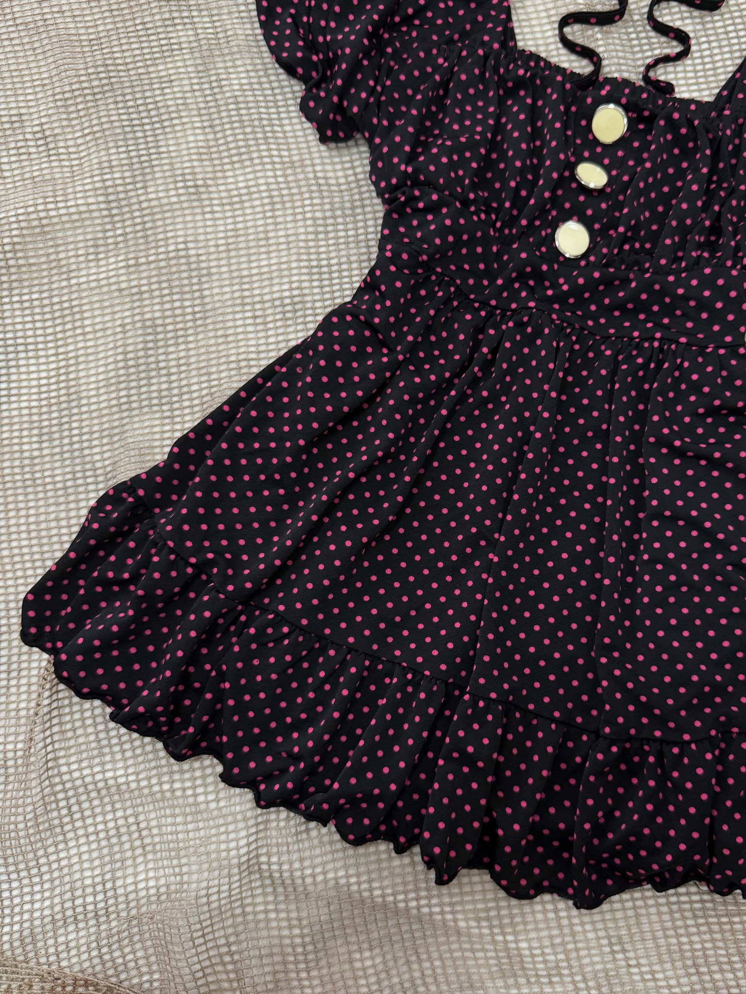 Polka Dot Lace-up Back Romper with Ruffle Hem