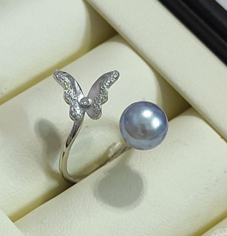 正圓極光日本真多麻海水珍珠精工S925銀微鑲鋯石蝴蝶開口戒指