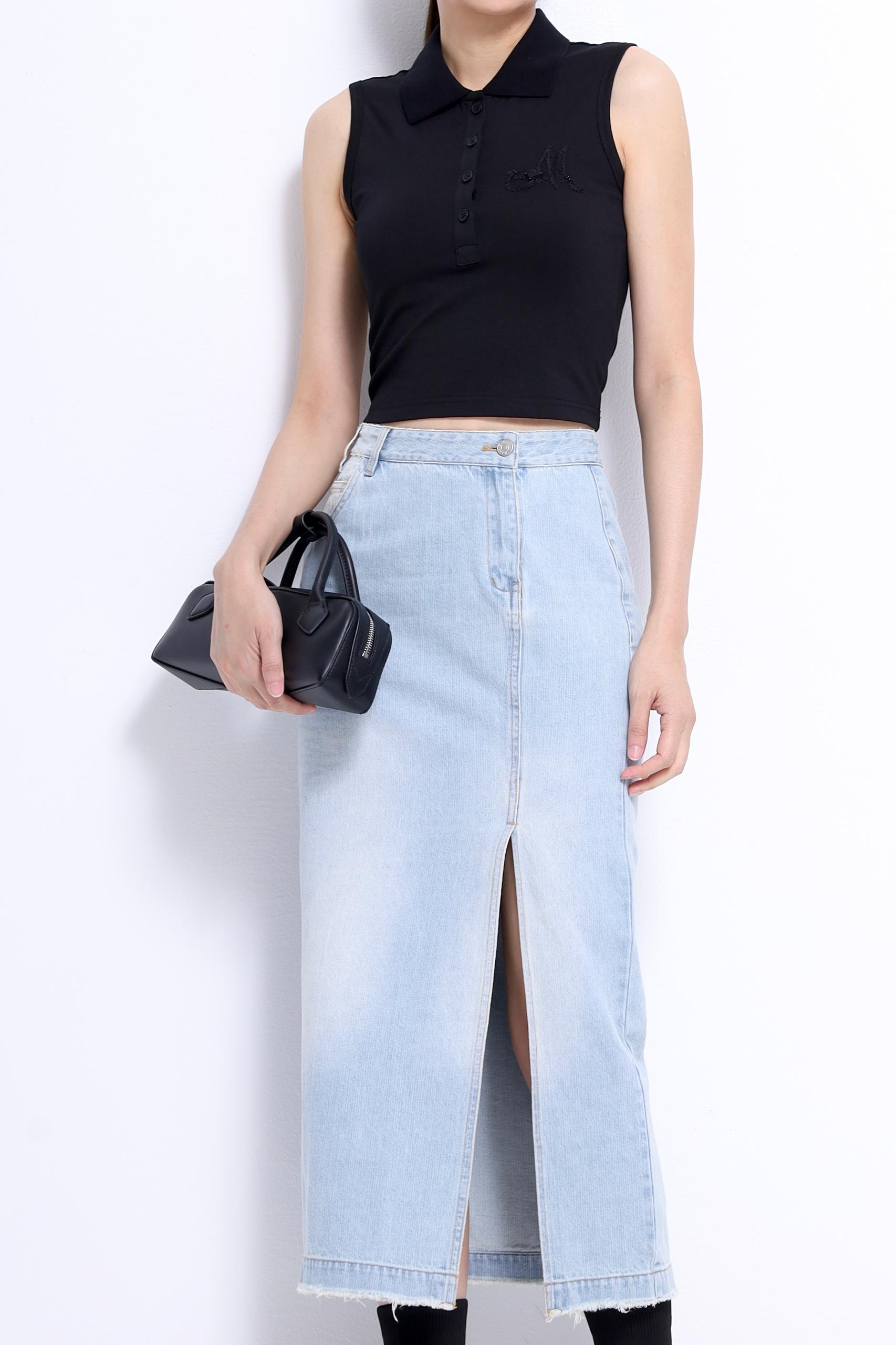 CS1427 High-Waisted Front Slit Denim Skirt