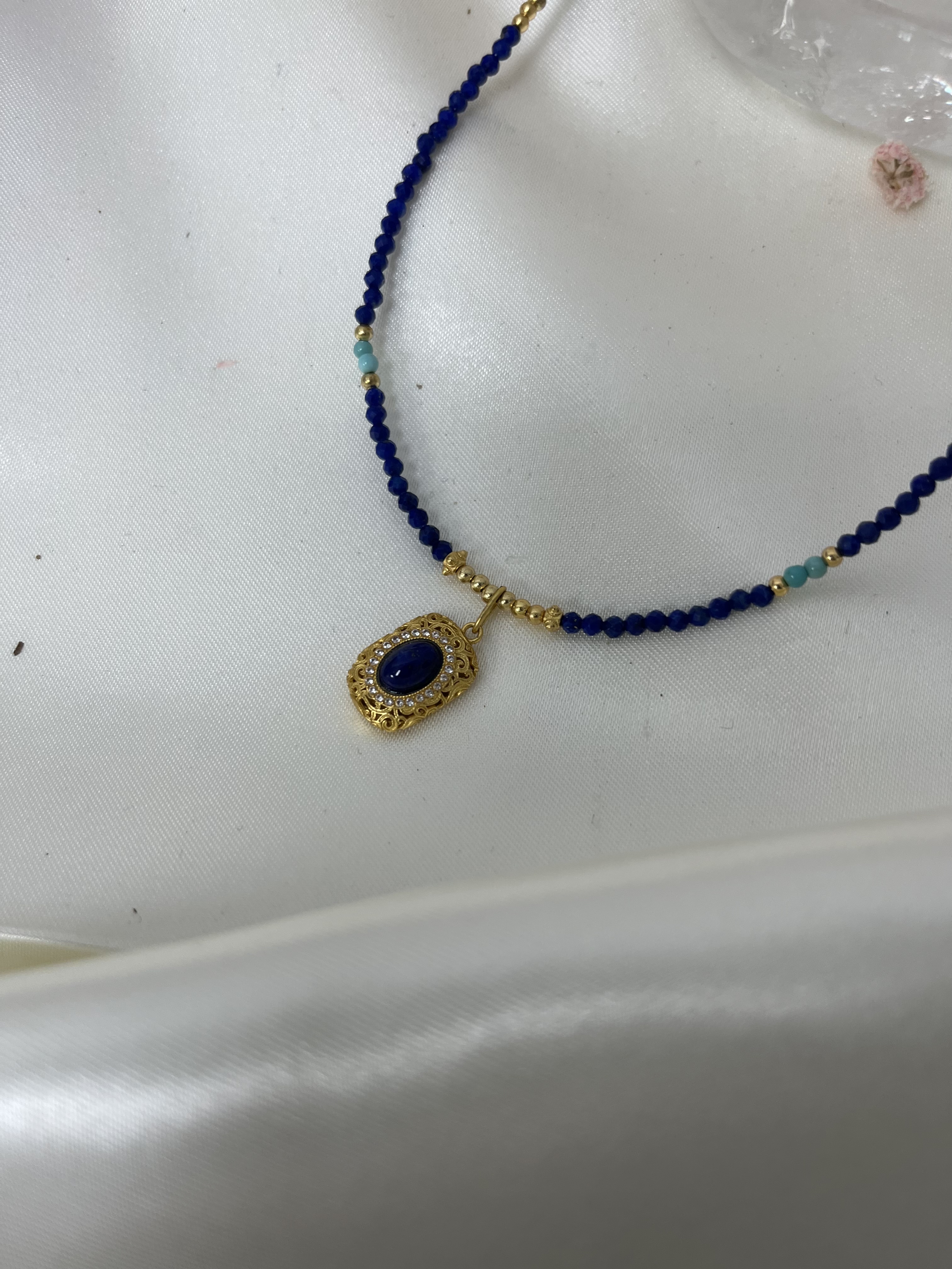 青金石、綠松石配s925銀設計款連吊墜頸鏈長度50cm 2m+切面