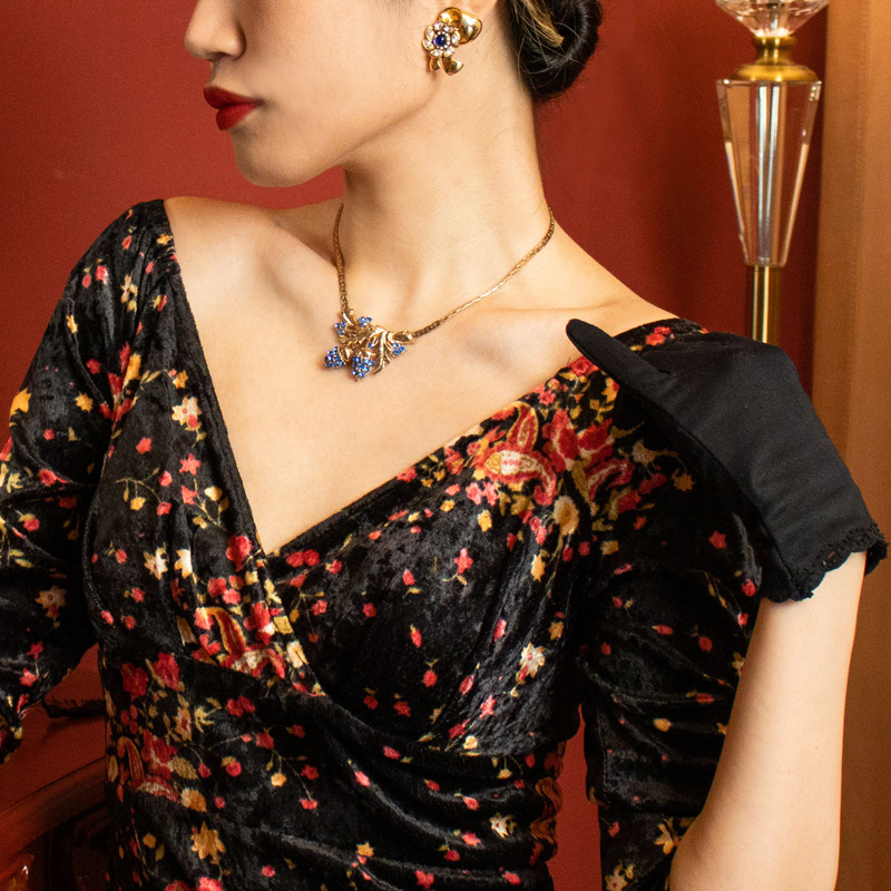 (Ready-Made)Lady in Velvet Flowery Bodycon Dress (FM141)