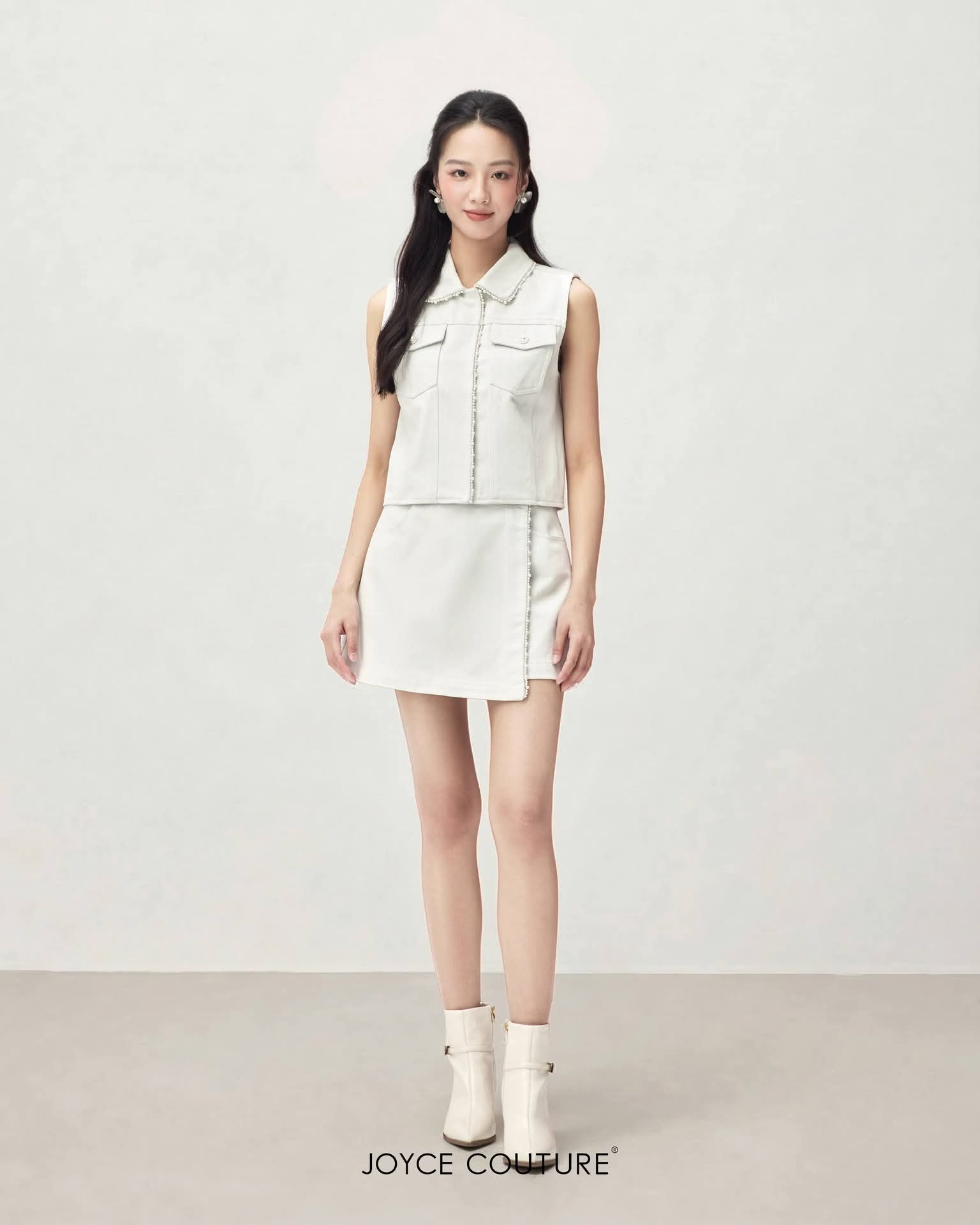 珍珠点缀套装牛仔裤裙 S0098