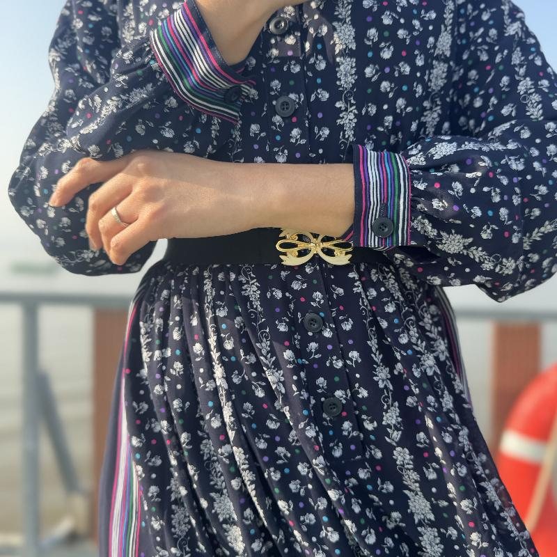 Vintage Japanese Colorful Linear Pattern Trimmed Floral Shirtdress (MT2260-25)