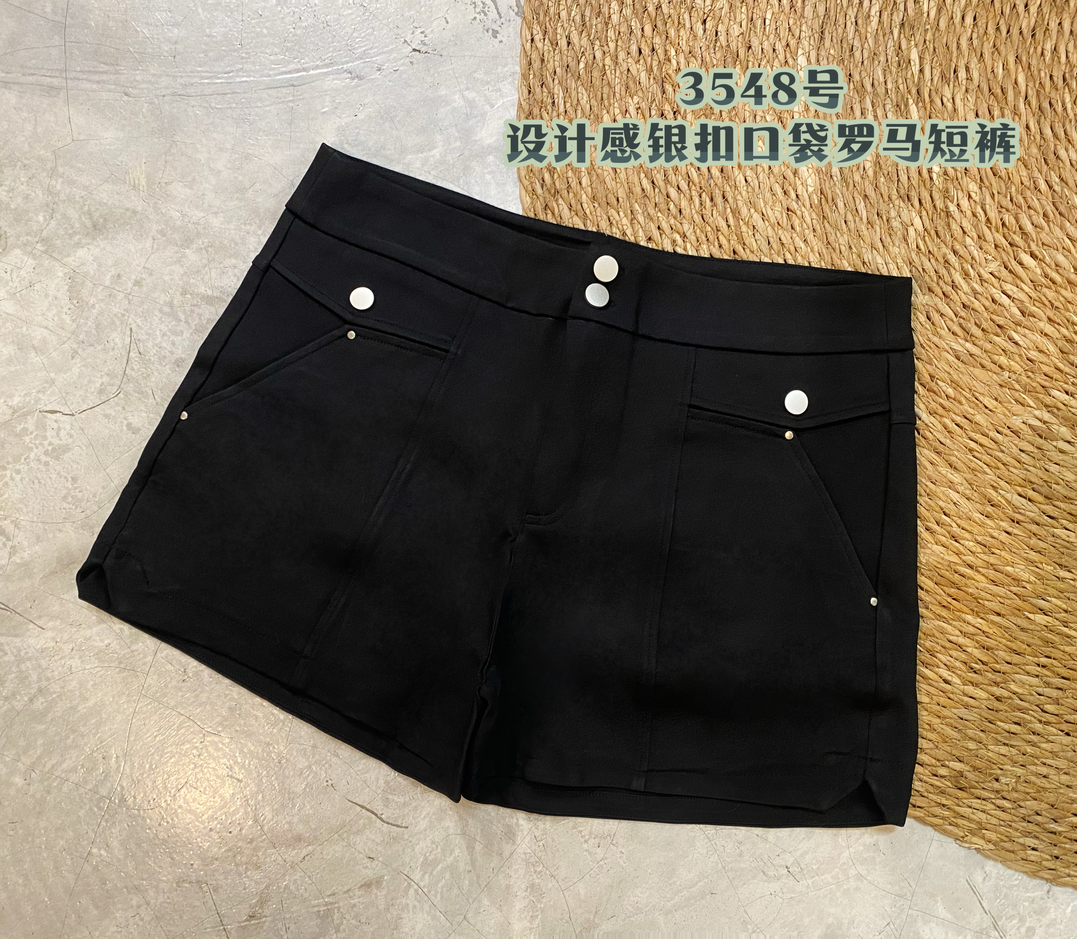 3548号-设计感银扣口袋罗马短裤