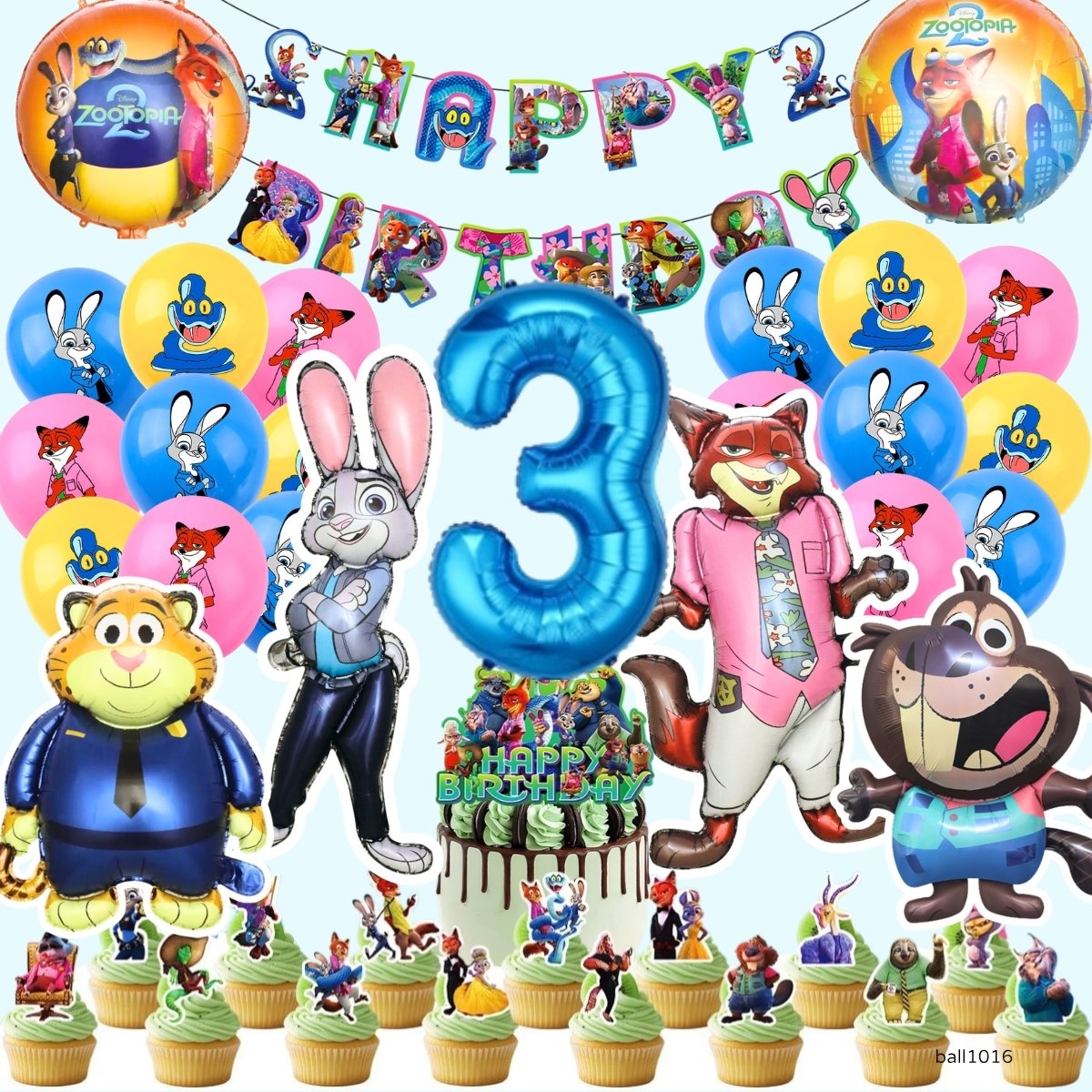 優獸大都會（Zootopia）生日派對氣球用品套裝｜Happy Birthday Banner・朱迪阿力氣球・Cake Topper 香港現貨