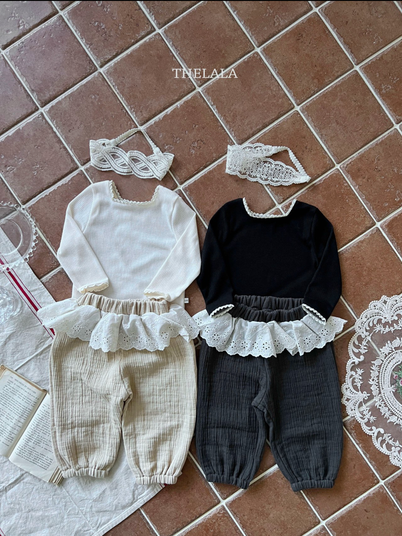 🌸預訂 韓國直送🌸🇰🇷THELALA兩色蕾絲荷葉邊棉紗束腳褲