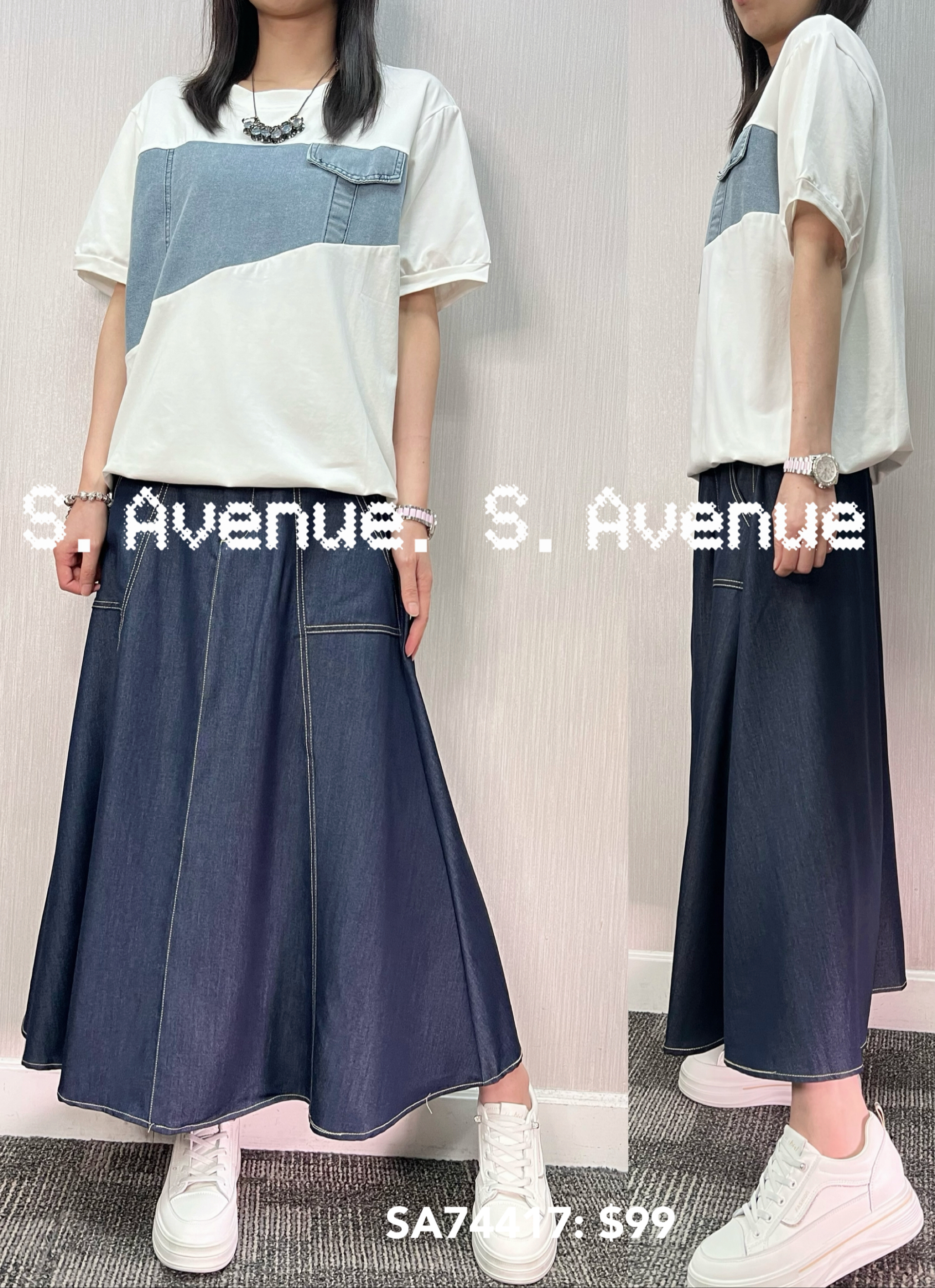 SA74417: 短袖中間牛仔拼布tee