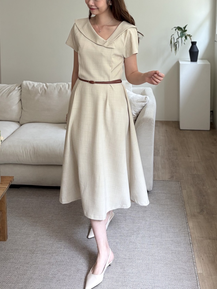 Sailor Collar Belted Dress (Beige)