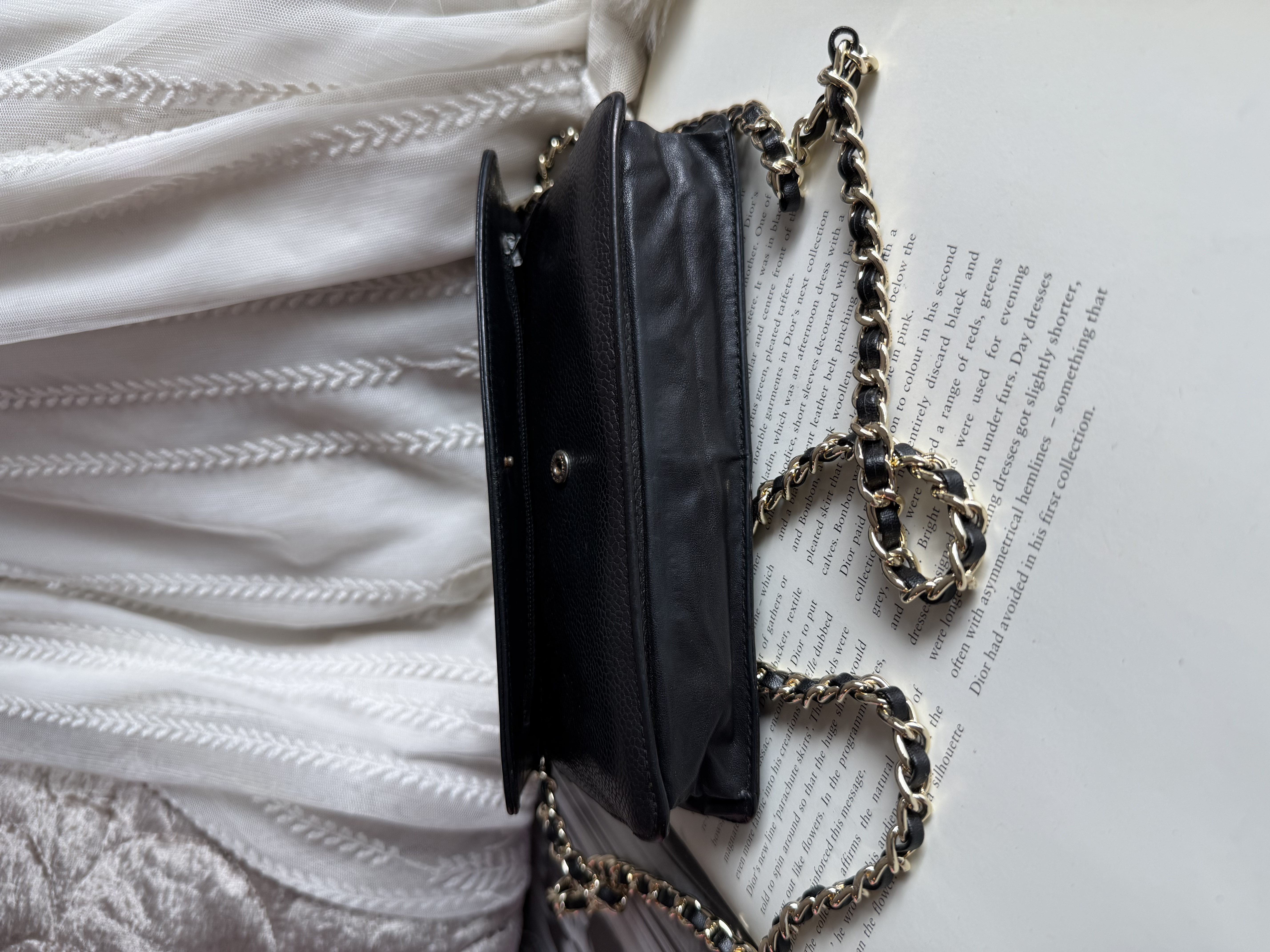 Vintage chanel black caviar leather long wallet