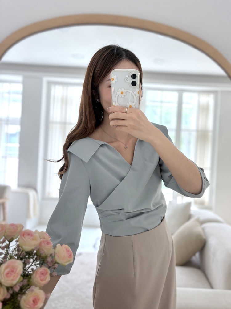 Camelia Wrap Collar Blouse (Blue)