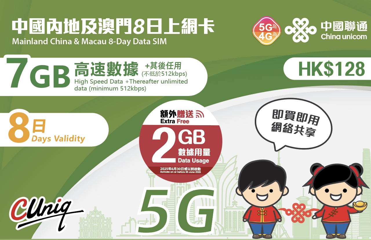📬限時包平郵📬新舊包裝發貨🛳️中國聯通5G/4G內地及澳門8日12GB 無限上網卡 中國 澳門 短期旅遊 大灣區 暑假 聖誕 新年 長假期 即插即用 免實名 China Macau hitmobile 