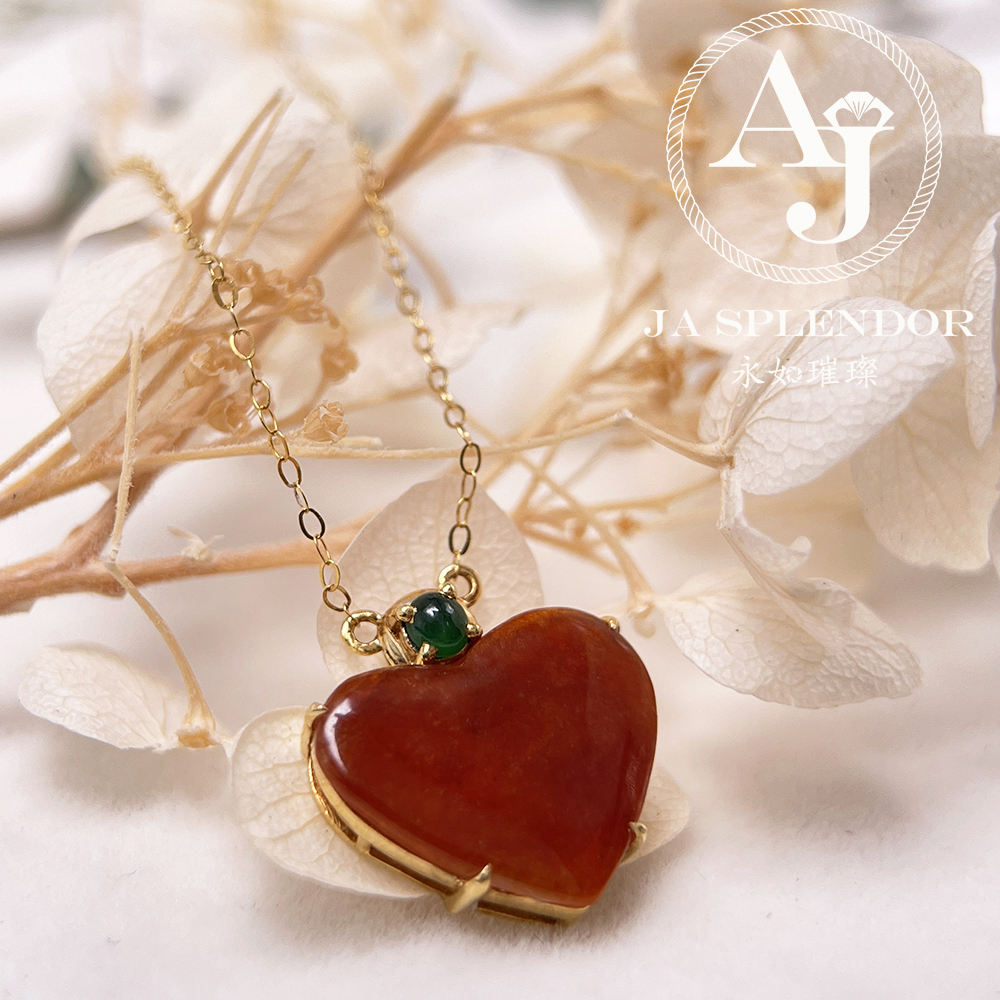 JNk-12 天然翡翠A玉 冰潤紅翡翠心心相印18K金吊墜連項鏈