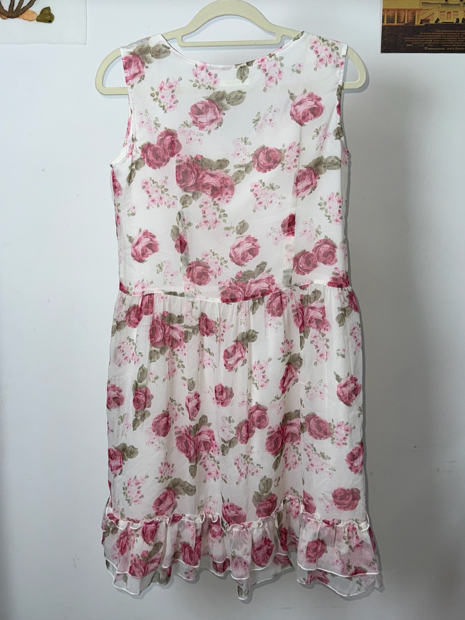 French Vintage Rose Print Lace-Trimmed Midi Dress
