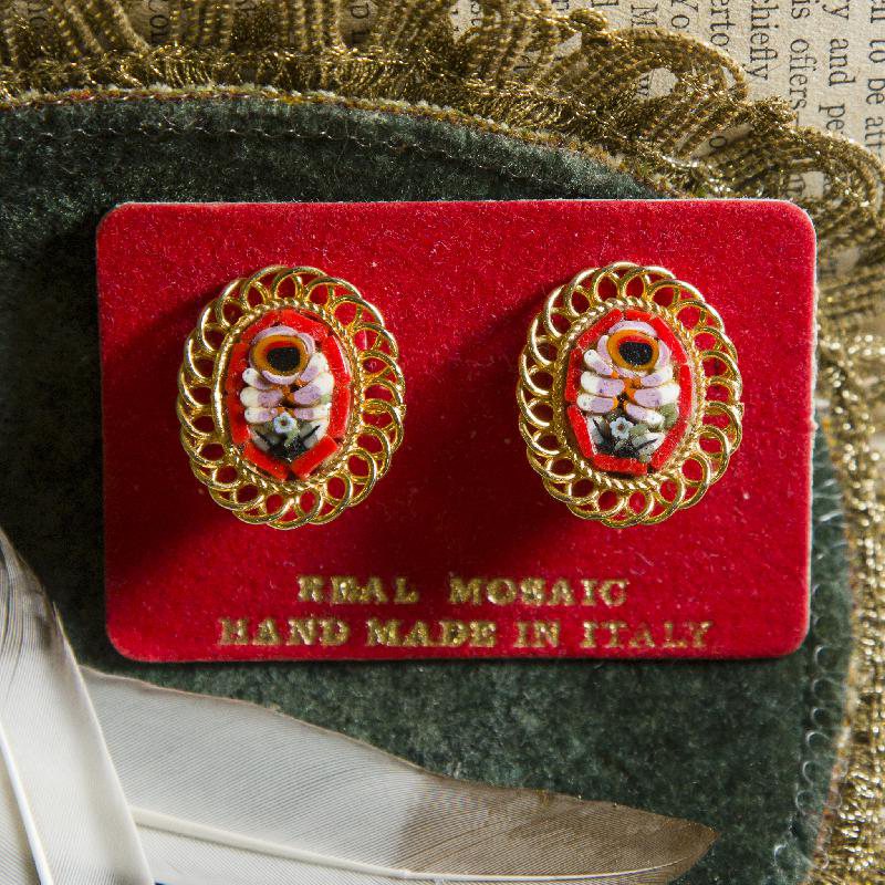 Vintage Italian Mosaic New Old Stock Clip Earrings on Original Card - Red and Pink Floral Mosaic in Golden Frame(HD216)