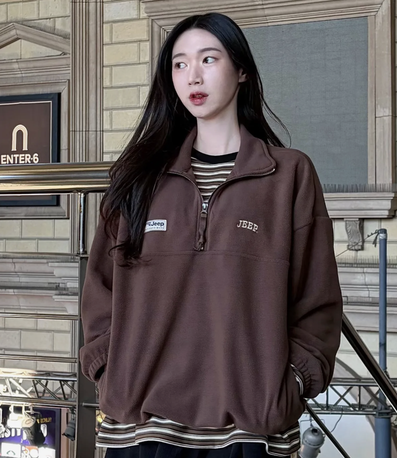韓國 JEEP ESSENTIALS 小Logo 半拉鍊 抓絨衛衣  6色任選｜Small Logo Half Zip-Up Fleece