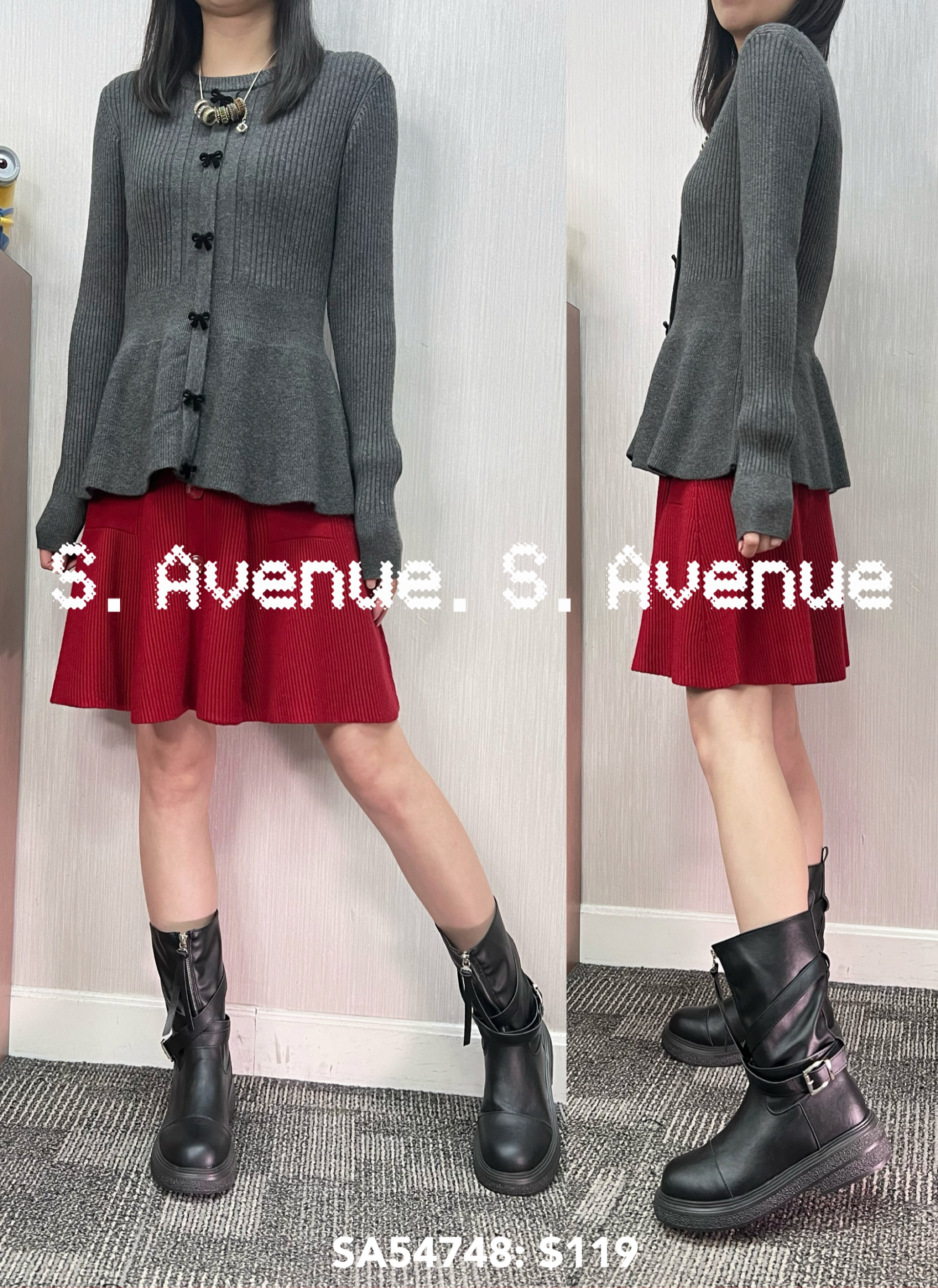 SA54748: 長袖蝴蝶假鈕修身魚尾top