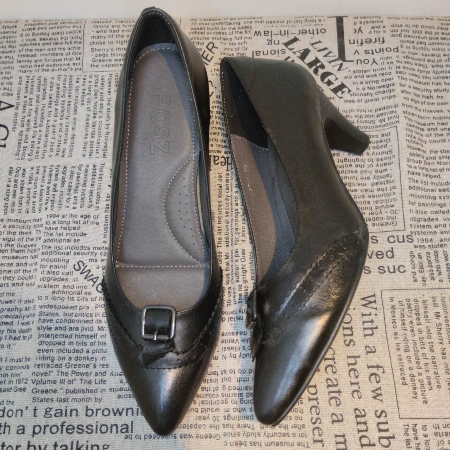 POSZ 女士黑色皮革高跟鞋，39 碼，帶裝飾扣