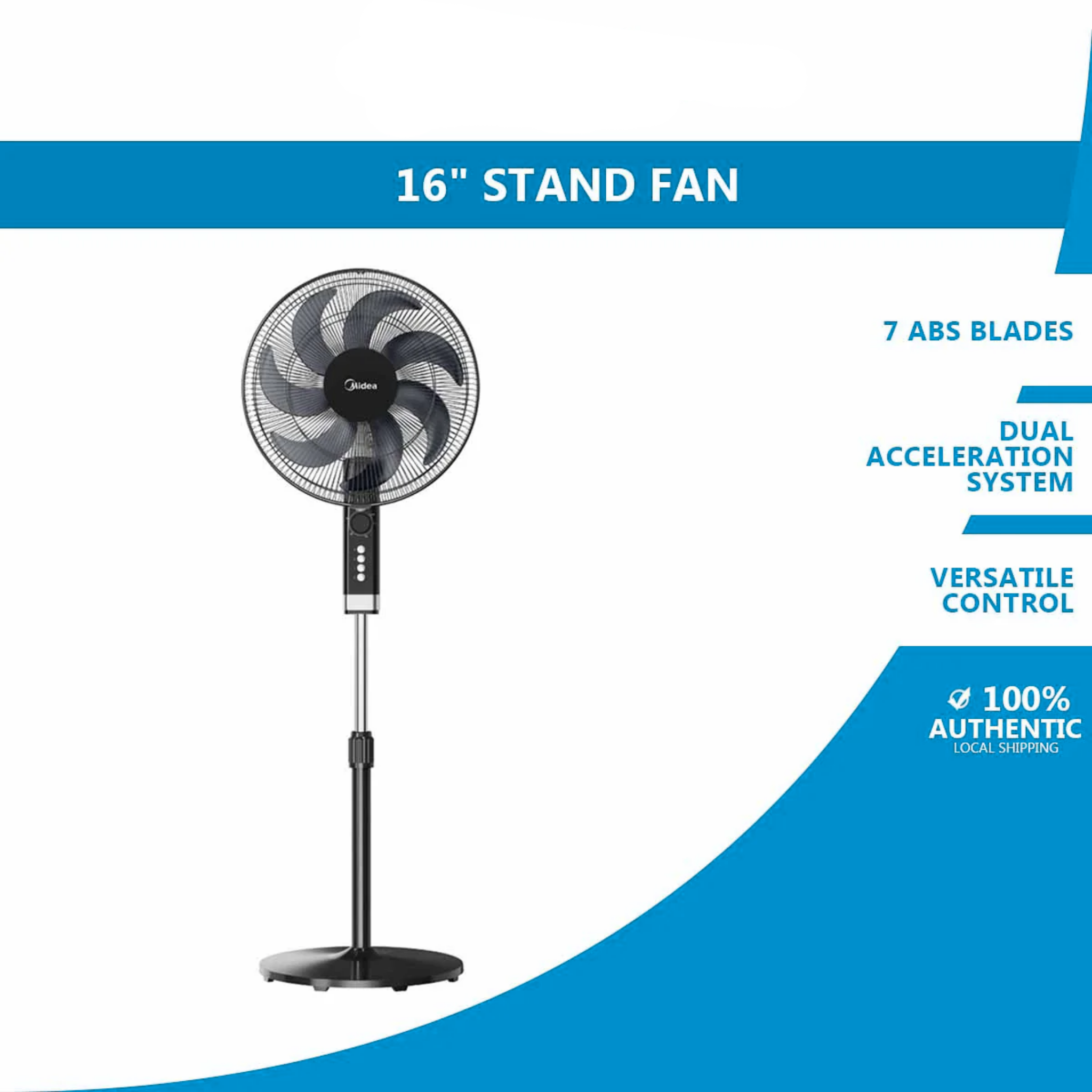Midea 16" Stand Fan With 7 Blades, 3 Speed Setting & Timer (Black) MF-16FS23MT