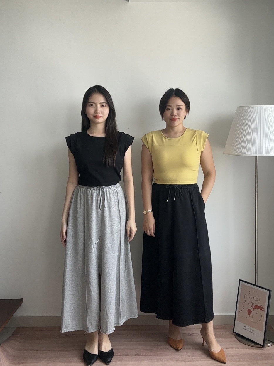 S1921 Drawstring Long Skirt - Black & Grey