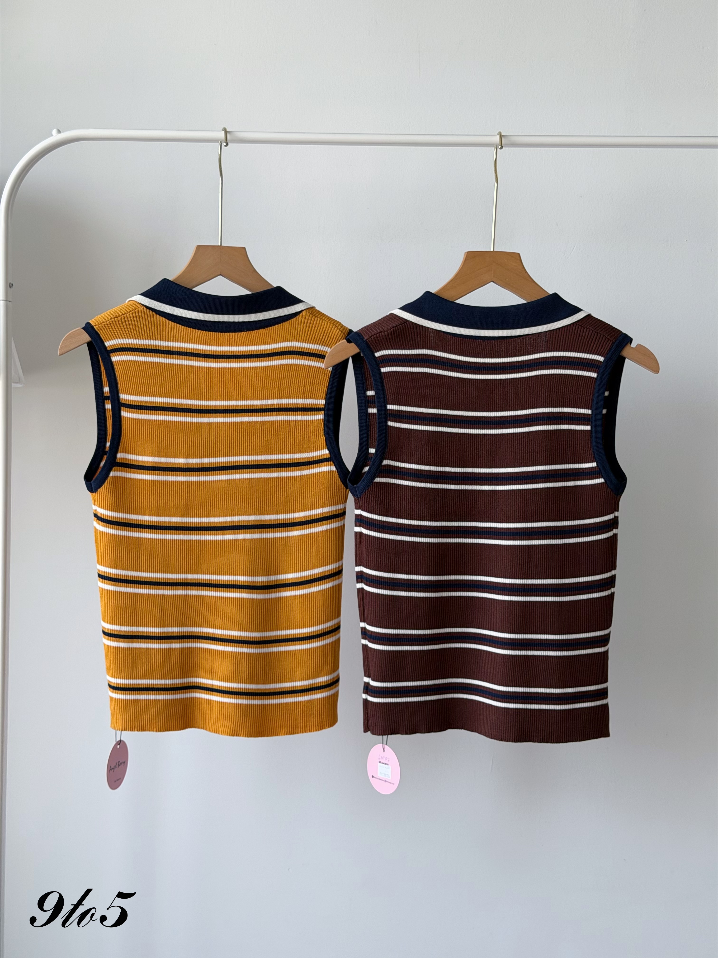T4474 Sleeveless Striped Knit Polo Top - 5 Colors 
